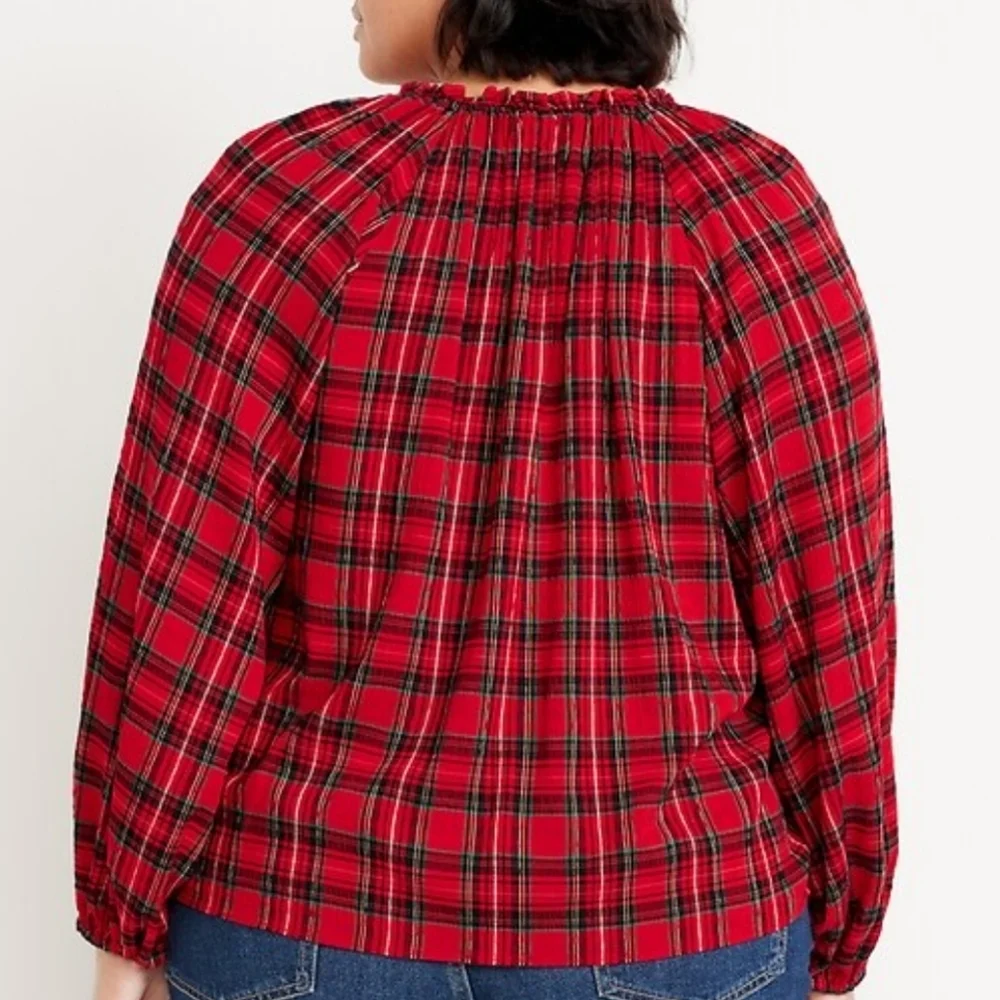 OLD NAVY Pullover Peasant Top Women 2X Red Buffalo Plaid Puff Sleeves V-neck New